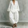 1116 popular women's clothing casual elegant lazy wind V-neck cotton and linen lantern sleeve two-piece set