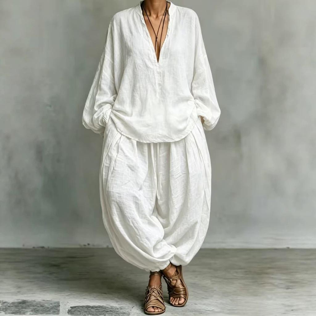 1116 popular women's clothing casual elegant lazy wind V-neck cotton and linen lantern sleeve two-piece set