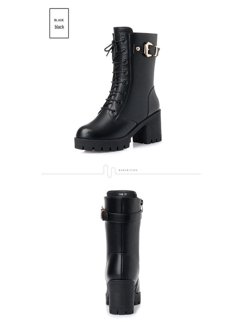 Women's Chunky Heel Leather Ankle & Mid-Calf Winter Boots with Velvet Lining