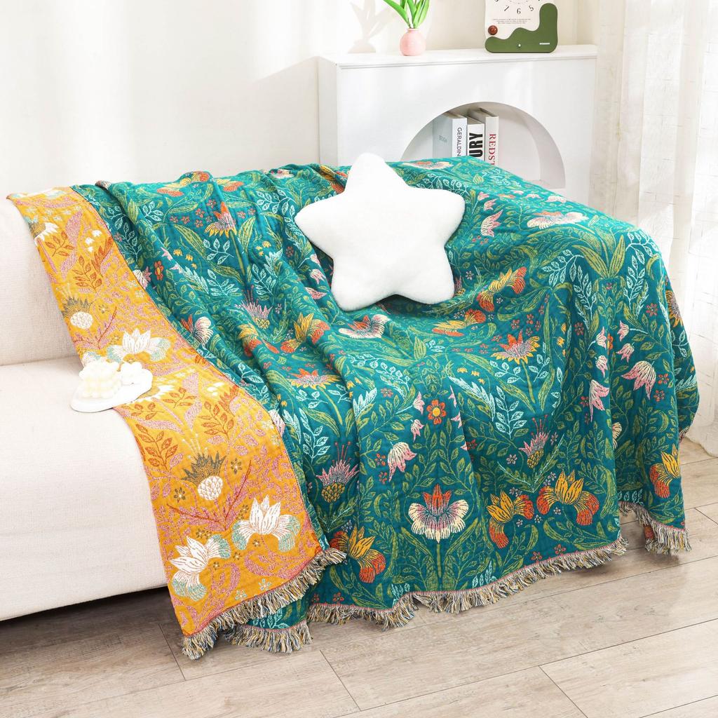 Floral Gauze Cotton Towel Blanket, Sofa Towel With Tassel, Bedspread, 150*200 Cm, 200*230 Cm, Delicate