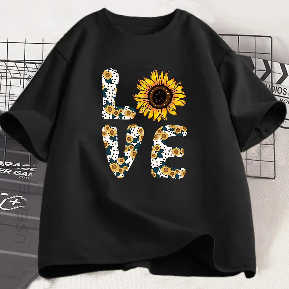 Aesthetic Sunflower Love Tshirt Summer Floral Graphic Print Tee Fashion Short Sleeve Harajuku Style Casual Top For Girls