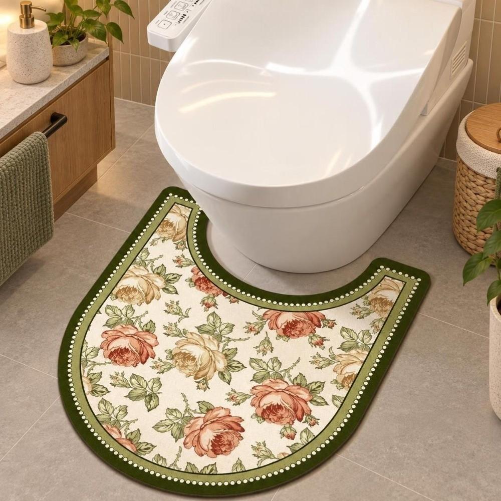 Quick Dry U-Shaped Toilet Mat Absorbent Toilet Pad Retro Floral Bathroom Rug Restroom