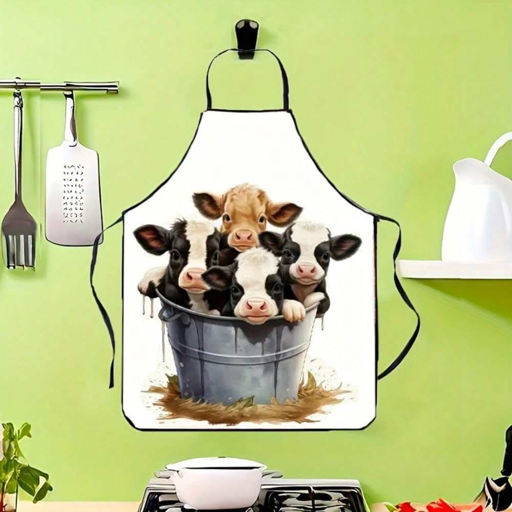 Grembiule Carino con Stampa Mucca, Vitellino nel Secchio Cartone Animato Animale della Fattoria Grembiulino da Cucina, Regalo Originale per Agricoltori, Abbigliamento da Cucina in Cotone Nero