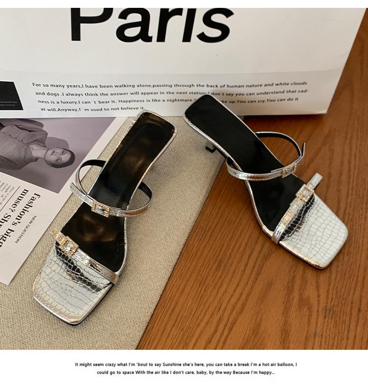 

High-heeled slippers for women s outer wear 2025 summer new square head open-toed way one-word strap sandals for women s high heels for women s shoes 42 серебряный