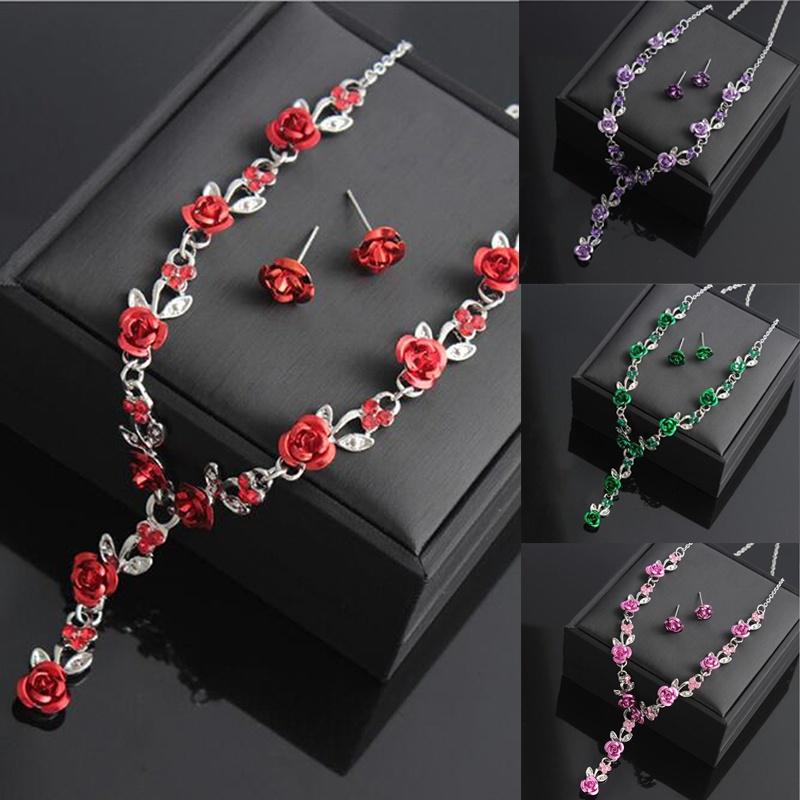 Buy Wedding Jewelry Fashion Rose Necklace Earrings Set Pendant Bridal