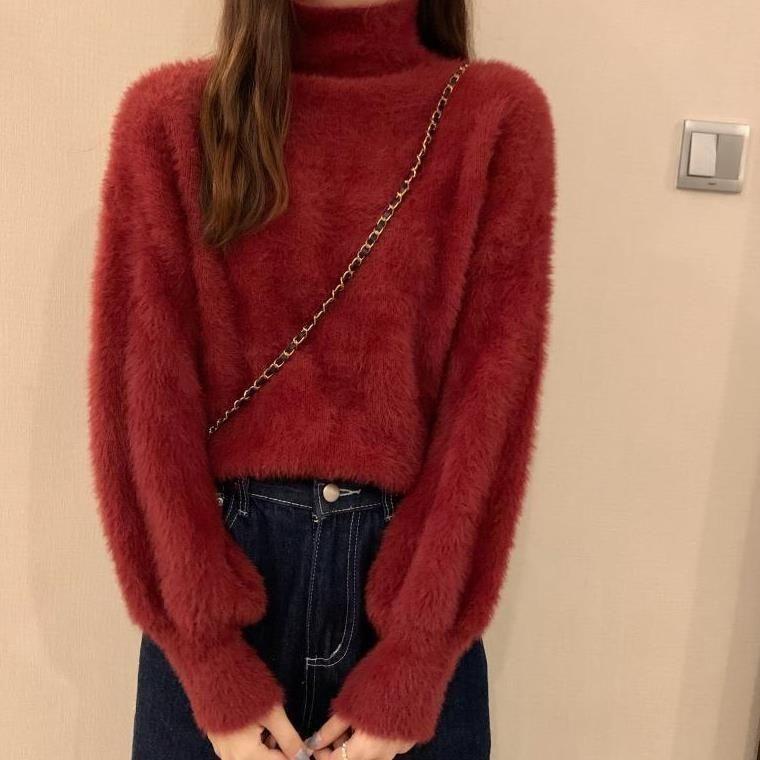 Winter Imitate Mink Wool Fleecing Female Turtleneck Elastic Casual Sweater Women Knitted Tops Pullovers Soft Warm