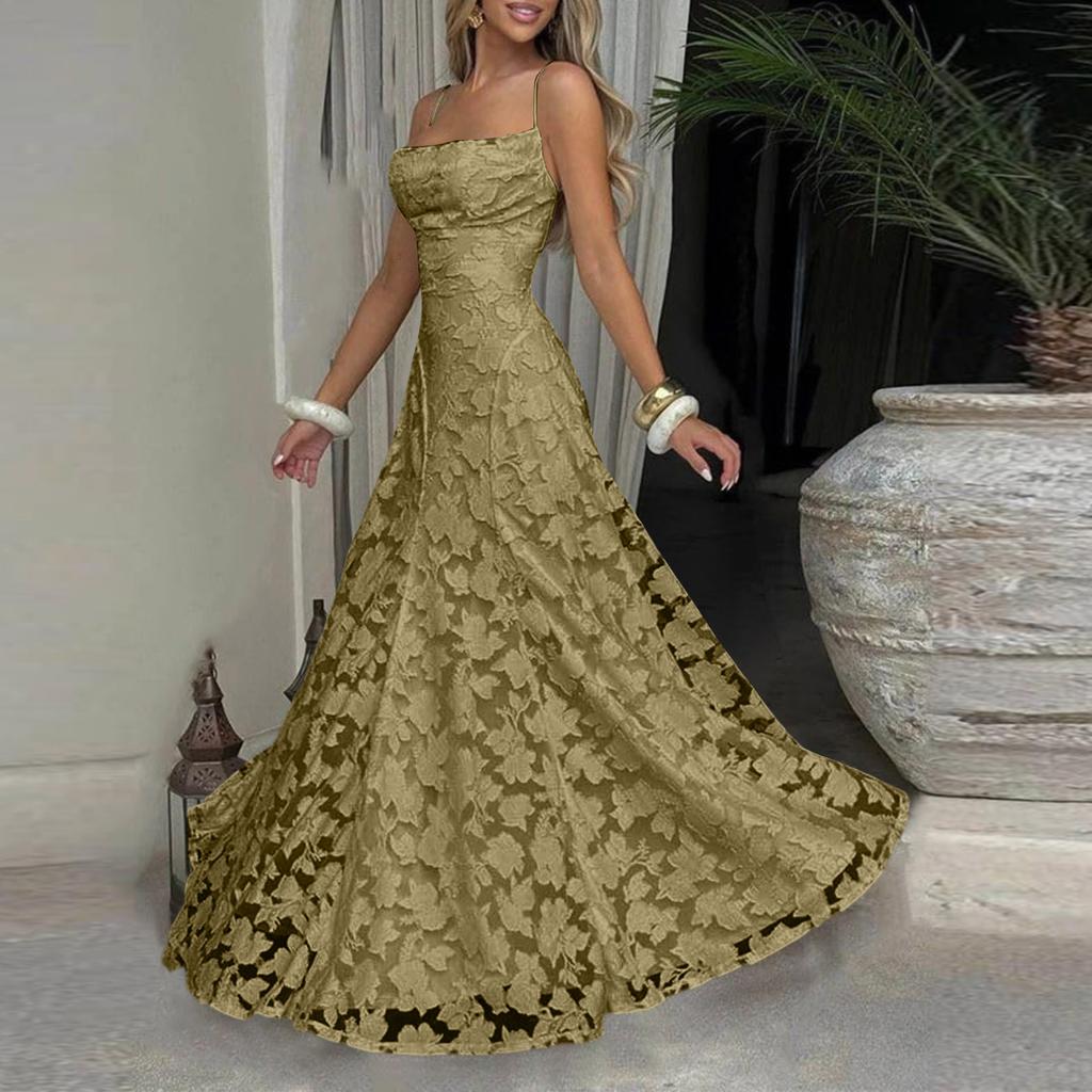 Women’s Casual Lace Patchwork Maxi Dress Sleeveless Spaghetti Strap Long Dress Elegant Evening Party Gown for Summer