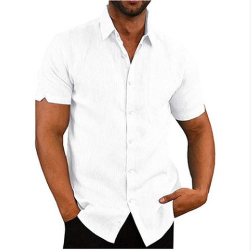 Sommer Revers Einfarbig Kurzarm Button Up Männer Leinen Hemd Plus Größe männer Tops