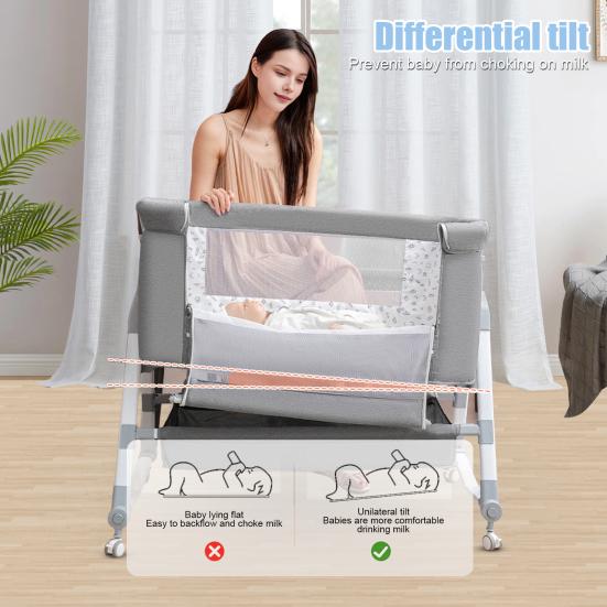 Bedside Crib Baby Crib, 3 In 1 Bassinet with Large Curvature Cradle, Foldable Height Adjustable Bassinet, Movable Beside Mosquito Net (Grey)