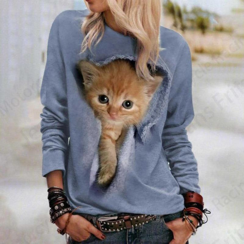 Spring and Autumn Round Neck 3D Animal Cat and Dog Pattern Printed Top Fashionable Casual Long Sleeved Women's T-shirts