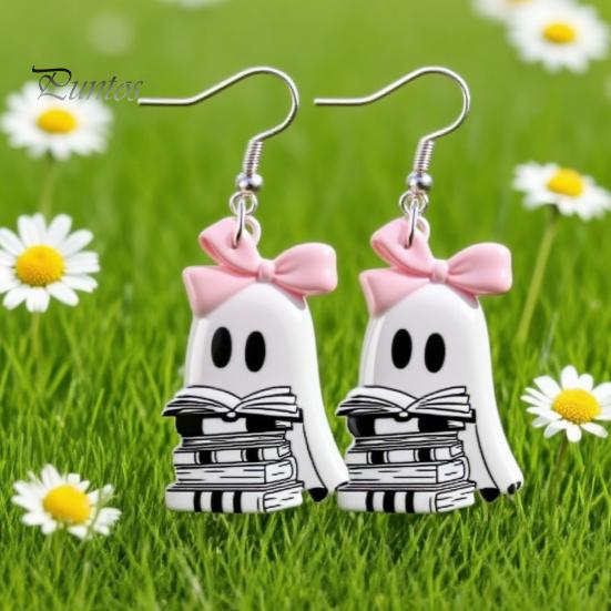 Cute Halloween Jewelry Reading Ghost Earrings, Sweet Bowknot Drop Lightweight Acrylic Earrings for Women Girls