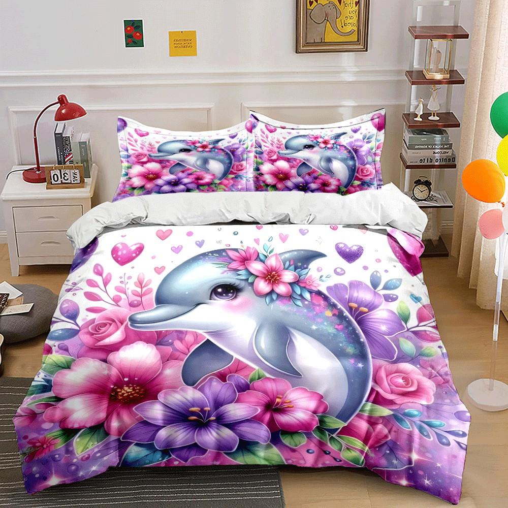 Dolphin Floral Set For Decor Exquisite Three-Piece Bedding Set Gift For Kids And Adults