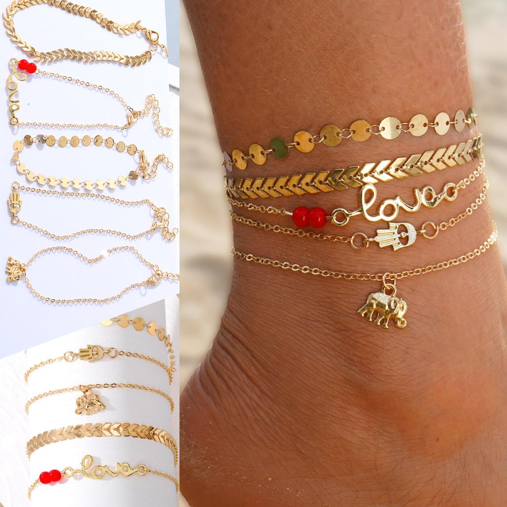 2024 2023 Moda Lujo Pulsera Elefante Escamado Flecha Palma Ojo Tobillera Set 5 Adornos Pulsera Elegante Runa Fiesta Chica Playa Tobillera Pulsera Redonda