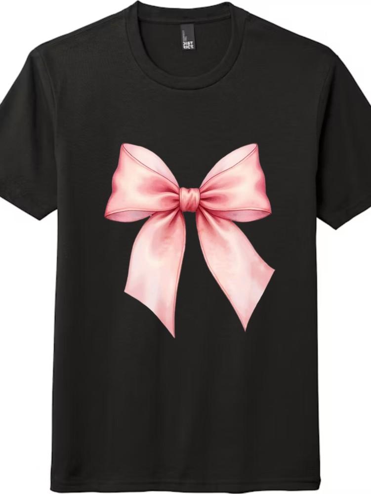 

Sweet Pink Bow Print Tee, Simple Short-sleeved for Both Men and Women 4XL