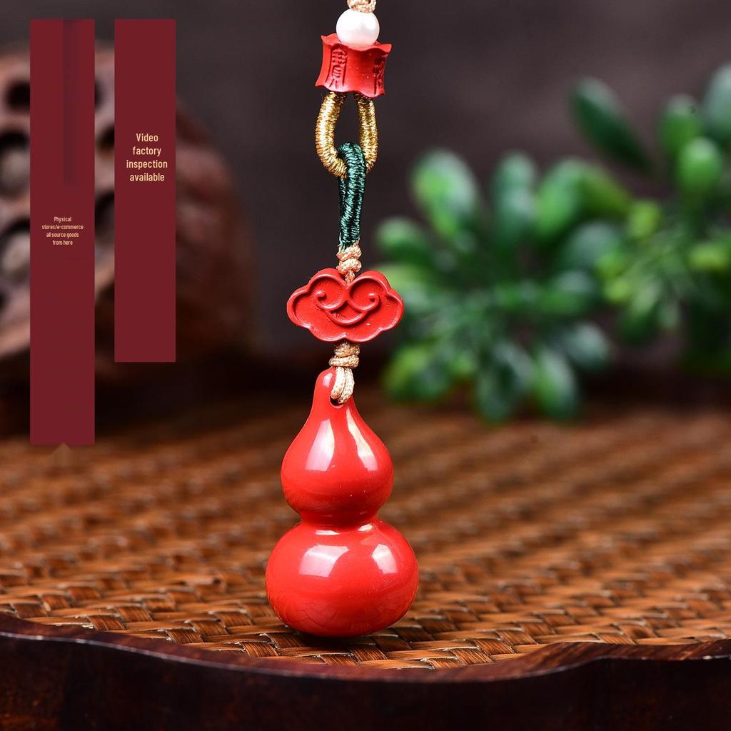 Exquisite Auspicious Clouds Gourd Keychain with Tassel - Cinnabar Bag Charm for Fortune & Longevity