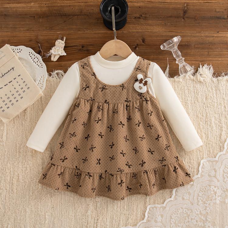 Girls' autumn new 2025 Korean version of infant fake two-piece dress long-sleeved cute rabbit print princess dress