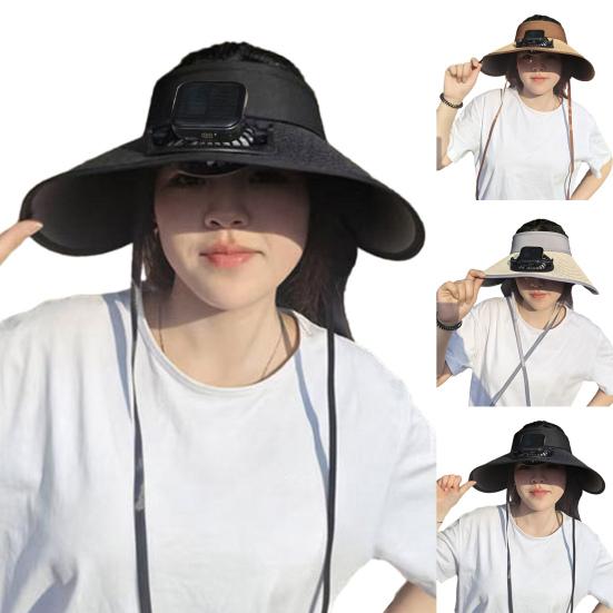 Pălărie cu vizieră de exterior cu ventilator încorporat, bor lat, top gol, pălărie de răcorire cu ventilator alimentat solar și cu încărcare USB pentru exterior, plajă, călătorie