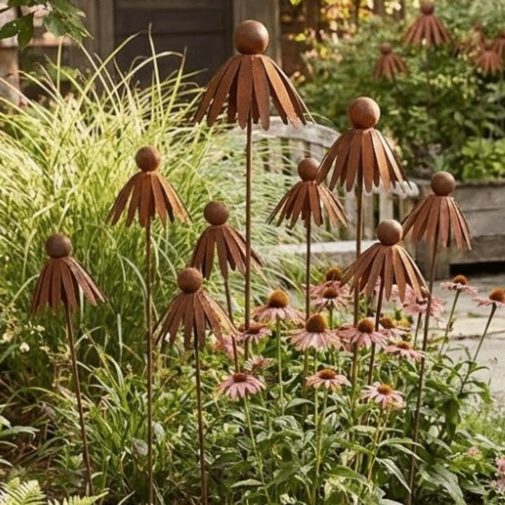 Weather Resistant Metal Daisy Stake Rusted Iron Curved Petal Stake Rustic Garden Art  Lawn Patio