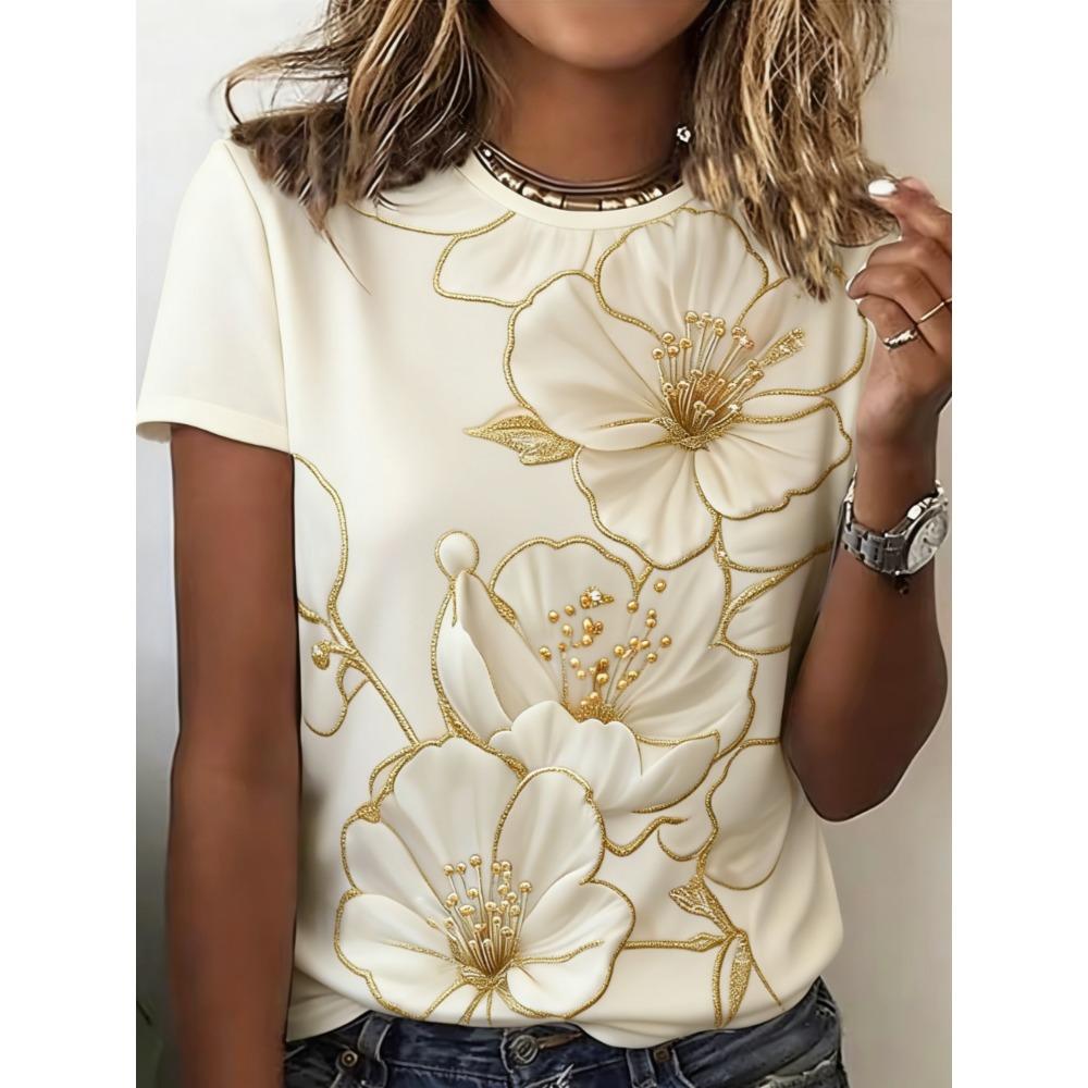 Ladies Summer Colorful Dazzling Flowers Printed Large Loose Casual T-shirt Fashionable Comfortable Soft Breathable Short Sleeved T-shirt