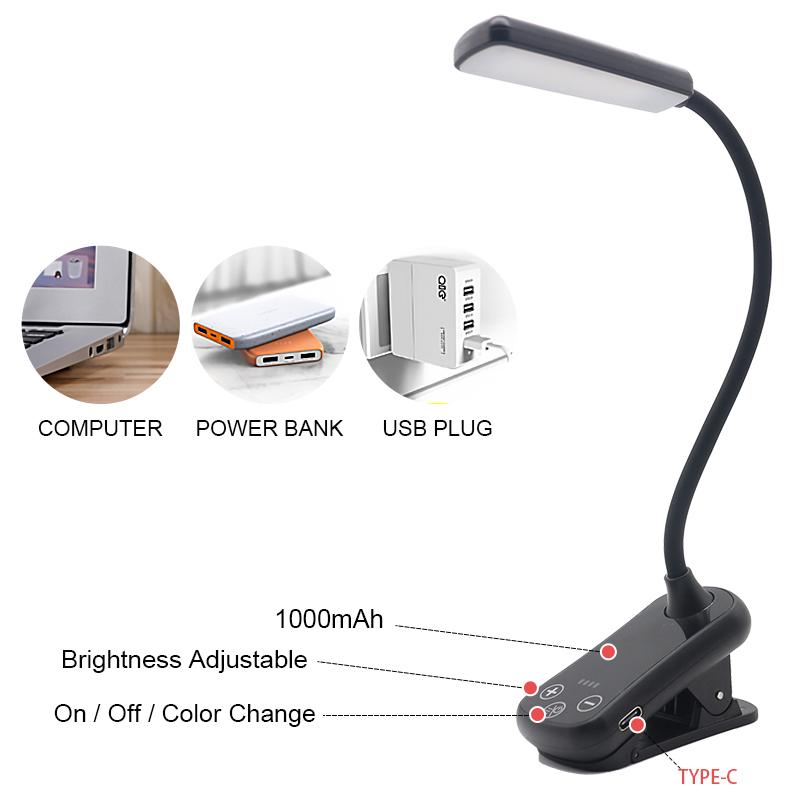 Modern Mini Clip On Flexible Gooseneck With 8 Levels Brightness USB Type-C Rechargeable Led Book Reading Lights For