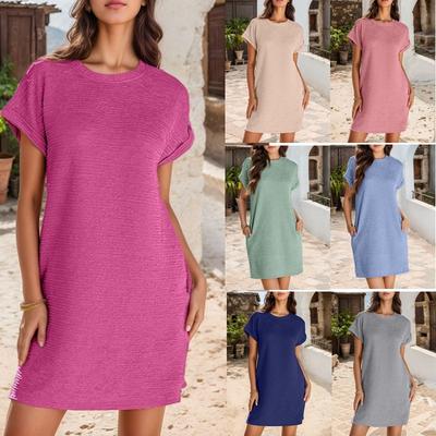 Women'S Fashionable Solid Color Short Sleeved Round Neck Casual Sports Short Dress With Pockets