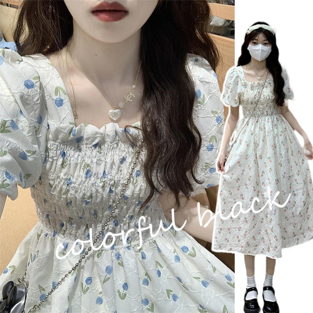 Large Size Square Neck Floral Skirt Micro Summer Sweet Wind Niche Temperament Thin Bubble Sleeve Jumpsuit Medium and Long Skirt