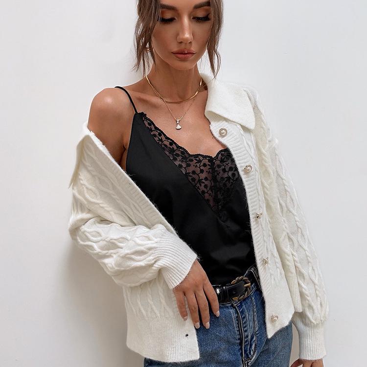 2025 Autumn/Winter Women's Single-Breasted Knitted Cardigan - Solid Color, Turn-Down Collar, European & American Style