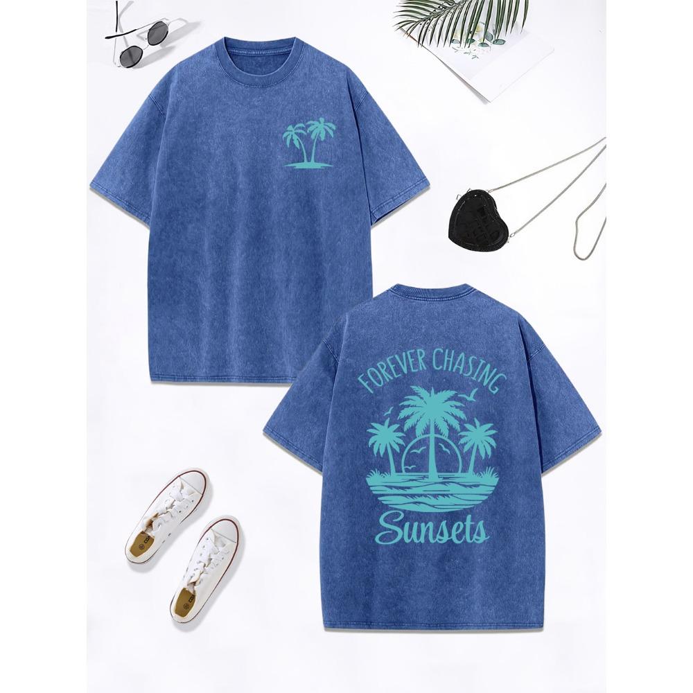 Für immer Sonnenuntergängen hinterherjagen Stranddrucke Gewaschenes T-Shirt Damen Baumwolle Oversize Oberteile Street Retro O-Ausschnitt T-Shirt Kleidung