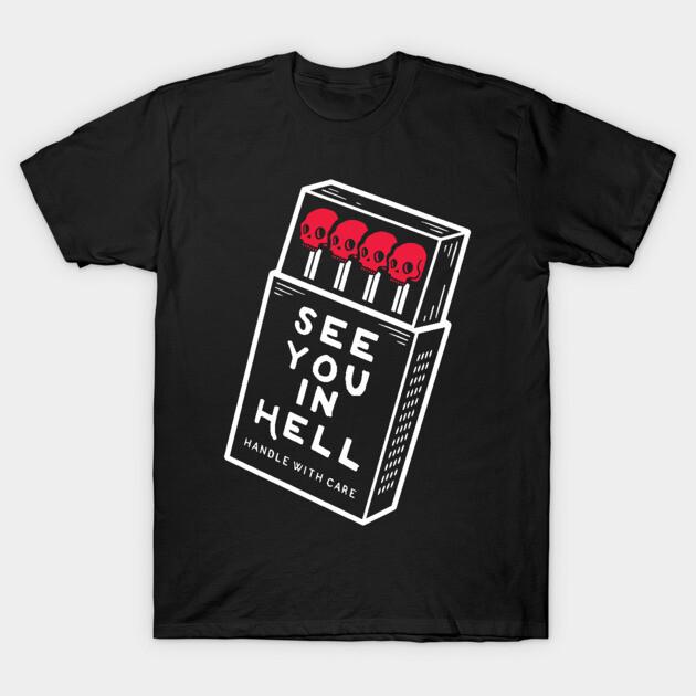 Asian Size Men Black Print T-shirt See You In Hell T-Shirt No-Cut Print Cotton Tshirt L