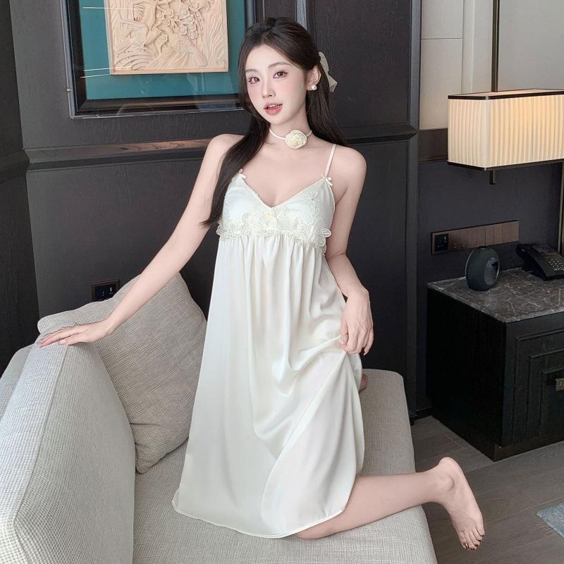 French romantic lace nightdress suspender sexy ice silk pajamas women's summer 1011 new pure backless loungewear