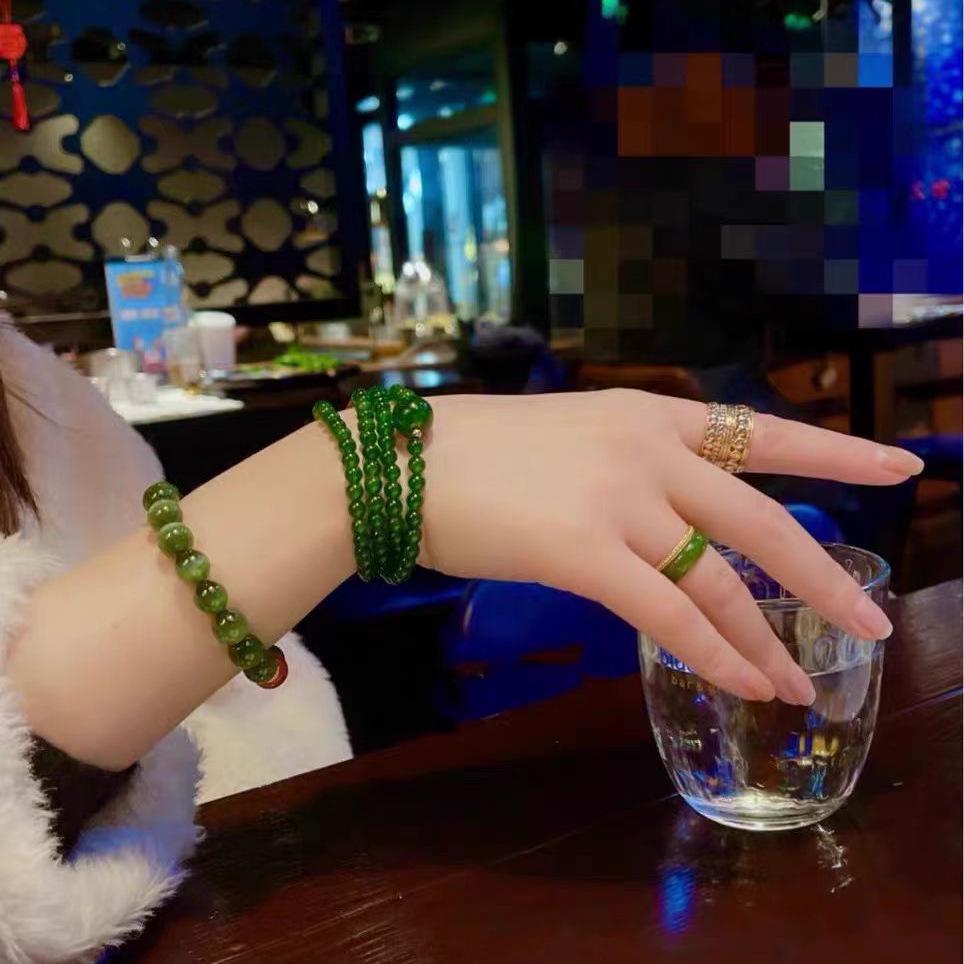 Women's Multi-Turn Natural Green Jade Beaded Bracelet with Round Beads