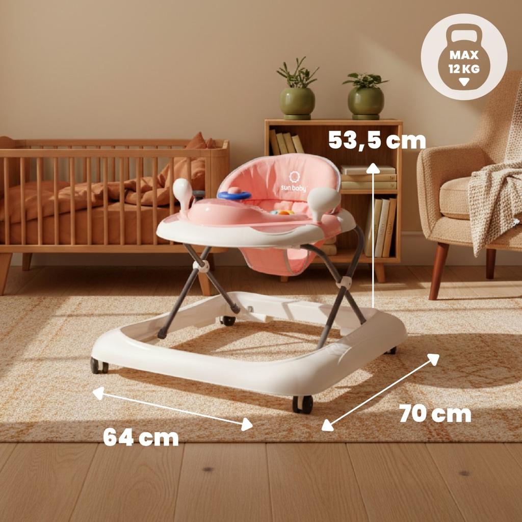 Interaktiver Lauflerner für Babys, höhenverstellbar, Schiebestange, Stopper, Pink und Grau