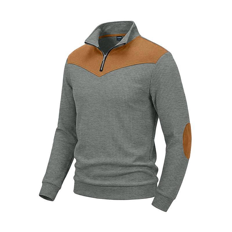 Herbst Winter Herren Color Block Sweatshirt Vertikal Rippstrick Halber Reißverschluss Stehkragen Pullover Wildlederflicken Schulter Ellbogen Vintage Lässig Langarm Oberteile