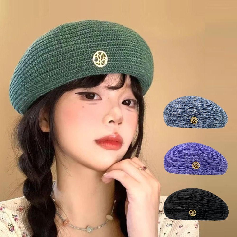 Y2k Painter Berets Thin Beanie Cap Retro Hollow Knitted Beret  Girls