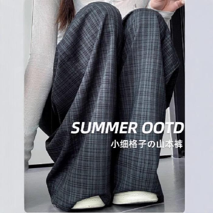 Retro plaid pants women's summer high waist casual loose high waist lazy straight plaid wide leg pants women