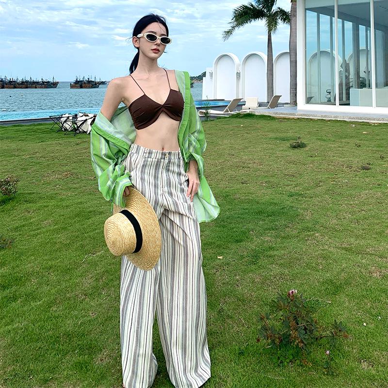 

Green Striped Sun Protection Shirt & Coffee Bikini Wide-Leg Pants Set Small