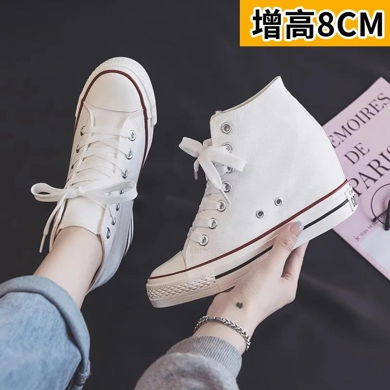 New 8cm High Heels Shoes Casual Canvas Sneakers Designer Platform Wedges Ladies Hidden Wedge Elevator Shoes White Black