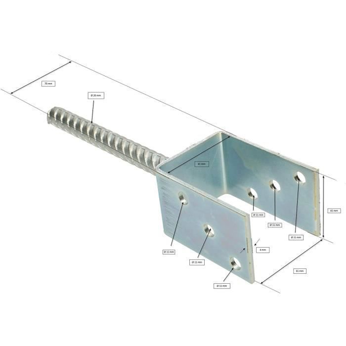 Support De Poteau En U - KOTARBAU - 61 Mm - Acier Galvanisé - Longueur 190 Mm - Résistant À La Corrosion
