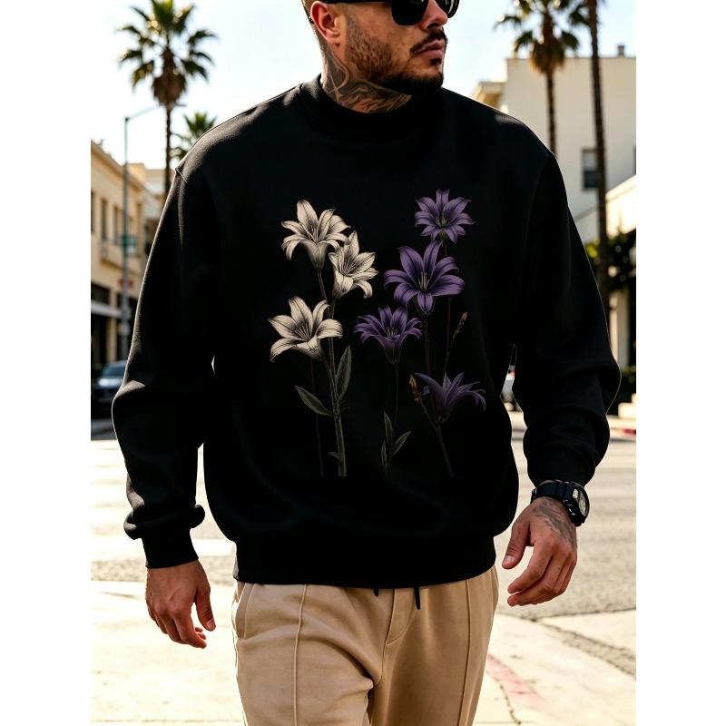 Men'S Graphic Print Crew Neck Sweatshirt, Vintage Botanical Streetwear Pattern, Loose Fit Cut, Comfortable Everyday Streetwear, Casual Outdoor Apparel
