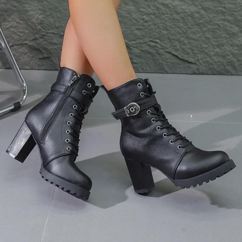 Women's Ankle Boots Green Large Size Winter 2024 New Horse Biker Chunky Rubber Bottom High Heel Platform Casual Basic Rain Shoes