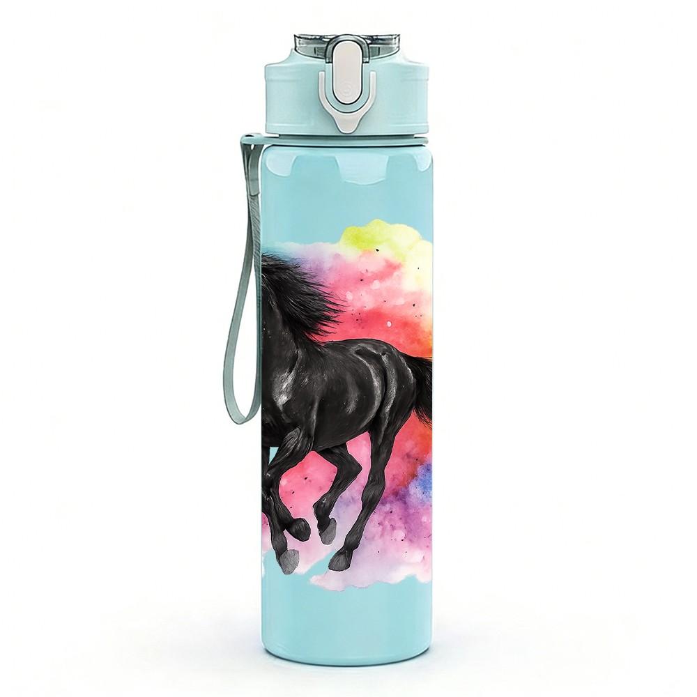 1PC Colorful Running Horse Art 750ml Color Plastic Sports Water Bottle Leakproof Flip Straw Lid Suitable for Sports Office Home Use