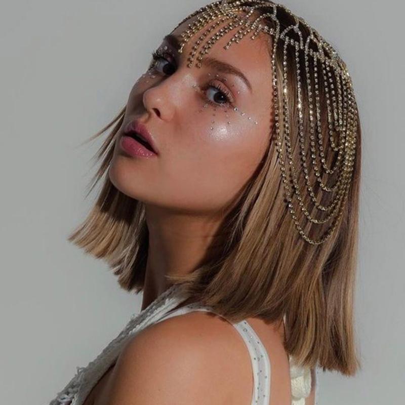 Damen Strass Quasten Kette Kopfschmuck Silber/ Golden Braut Haarschmuck für Abendkleid Party Abschlussball