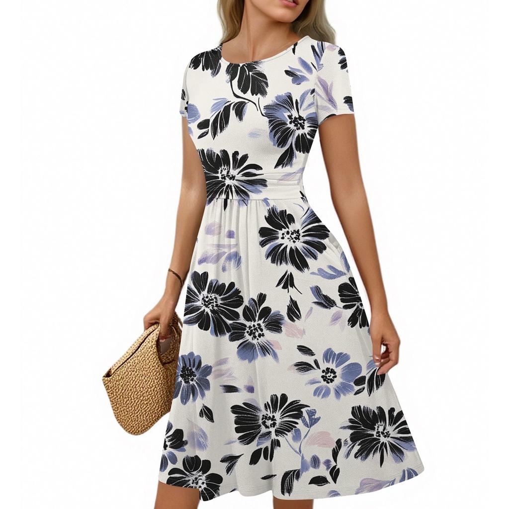 Women's Casual Fashion Round Neck Pleated Short Sleeve Retro Floral A-Line Midi Dress