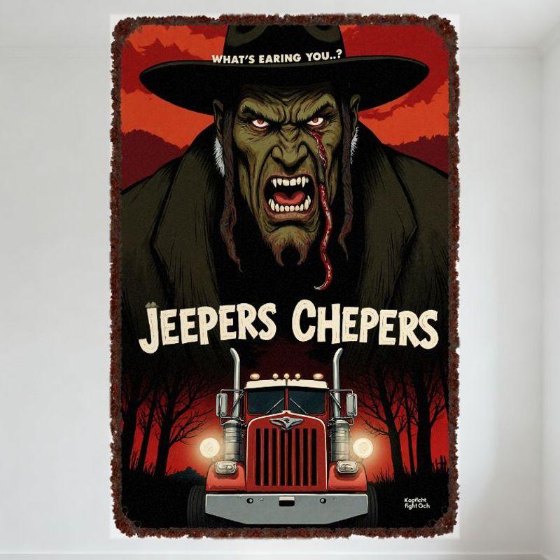 

Vintage Horror Metal Tin Sign with Menacing Green - Skinned Figure, What s Earing You... , Jeepers Chepers Text, Red Semi - 20x30cm（7.8x11.8inch）