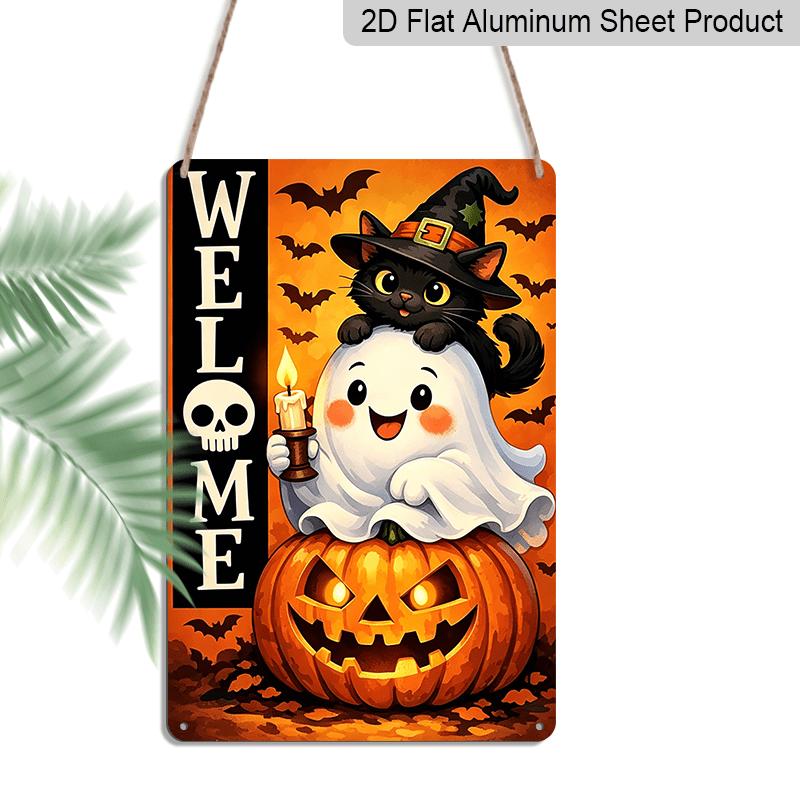 2D Flat, 1pc Halloween Welcome Cartoon Ghost Aluminum Sign, Front Door Welcome Plaque, Farmhouse Entry Wall, Halloween Party Backdrop, Cottage Porch
