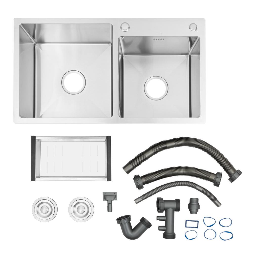 Stainless Steel Double Bowl Drop-in Kitchen Sink Noise Reduction Efficient Drainage Anti-Condensation Easy To Clean