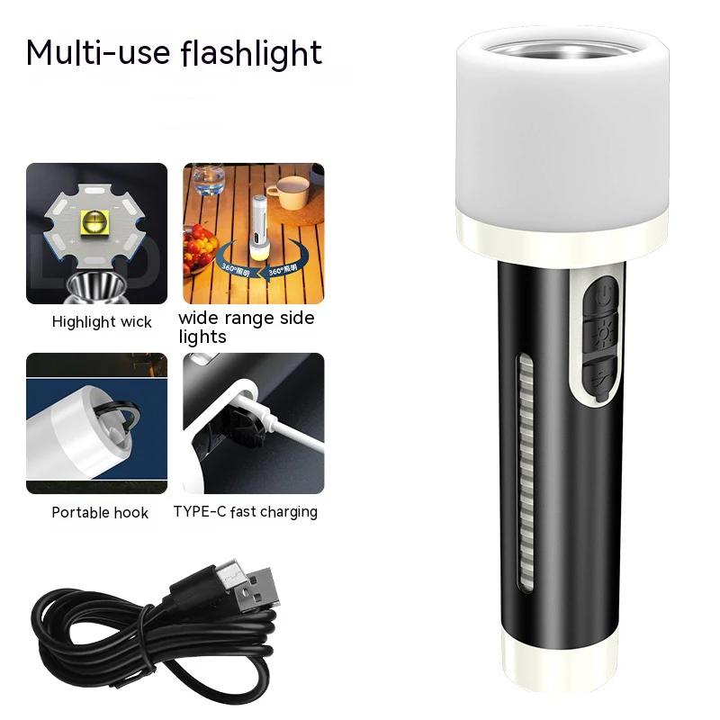 LED Double Light Flashlight Rechargeable Handheld Torch 5 Lighting Modes Outdoor Home Emergency Warning Camping Tool Lights