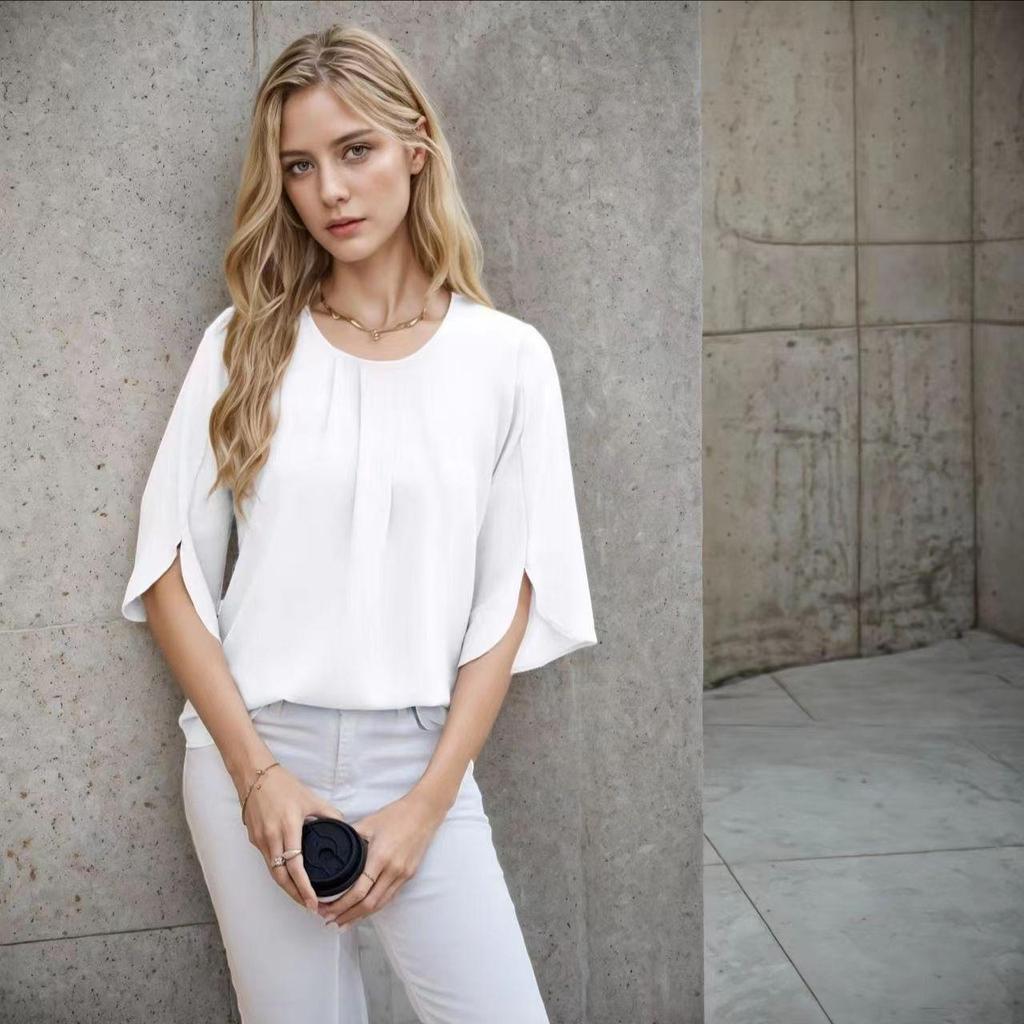 Blouse ample en mousseline de couleur unie à col rond et manches cinq points pour femme, style européen et américain