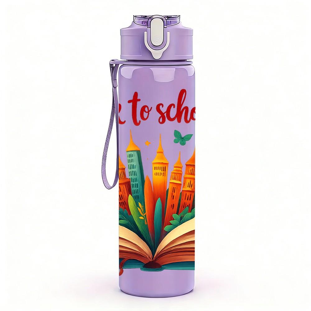 1PC Back To School Book Art Print 750ml Color Plastic Sports Water Bottle Leakproof Flip Straw Lid Suitable for Sports Office Home Use