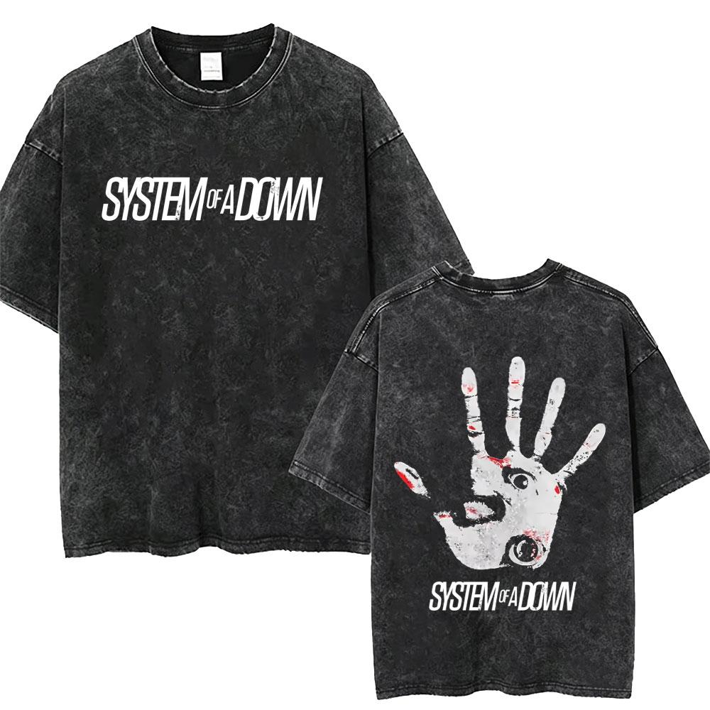 T-shirt Vintage Lavé System Of A Down Homme Rétro Rock Metal T-shirts Oversize Homme Décontracté Coton Haute Qualité
